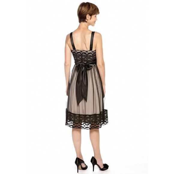 New! R&M RICHARDS Sequin Lace Bodice Tie-Waist Mesh Overlay Dress Black/Taupe 8 - Picture 3 of 4